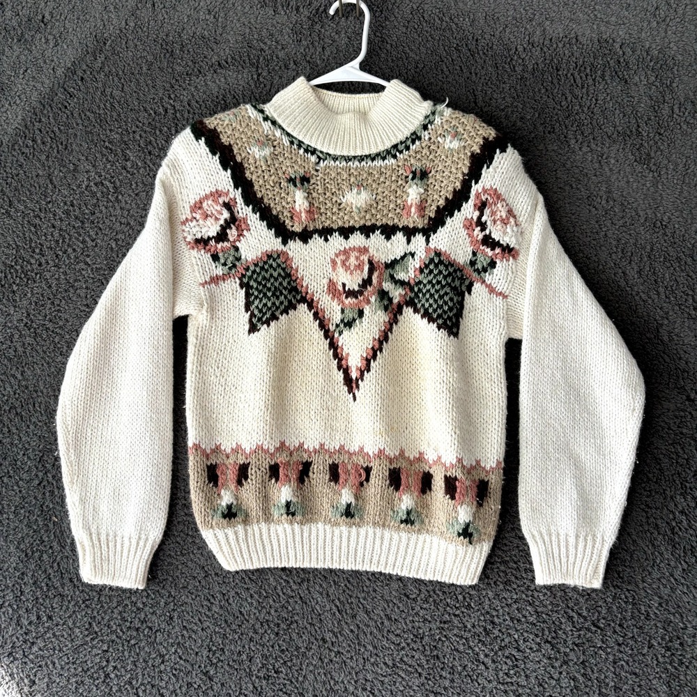 VTG Jamie Scott Hand Knit Ivory/Pink Floral Sweater Size Med Ramie Blend